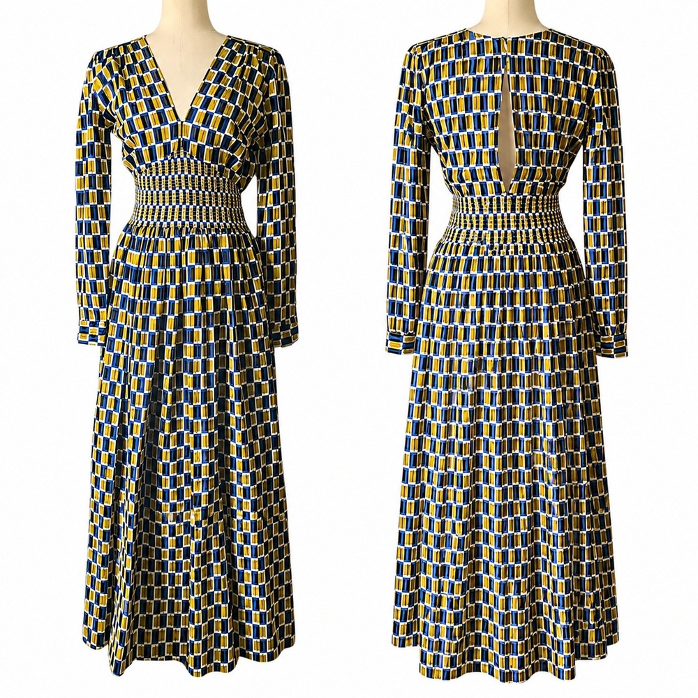 NWT Beyond by Vera Farah Maxi Dress XS Modal Blue Mustard Mod Art Deco Chic